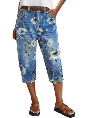 Floral High Waist Straight Leg Capri Jeans for Women - Trendy Summer Style